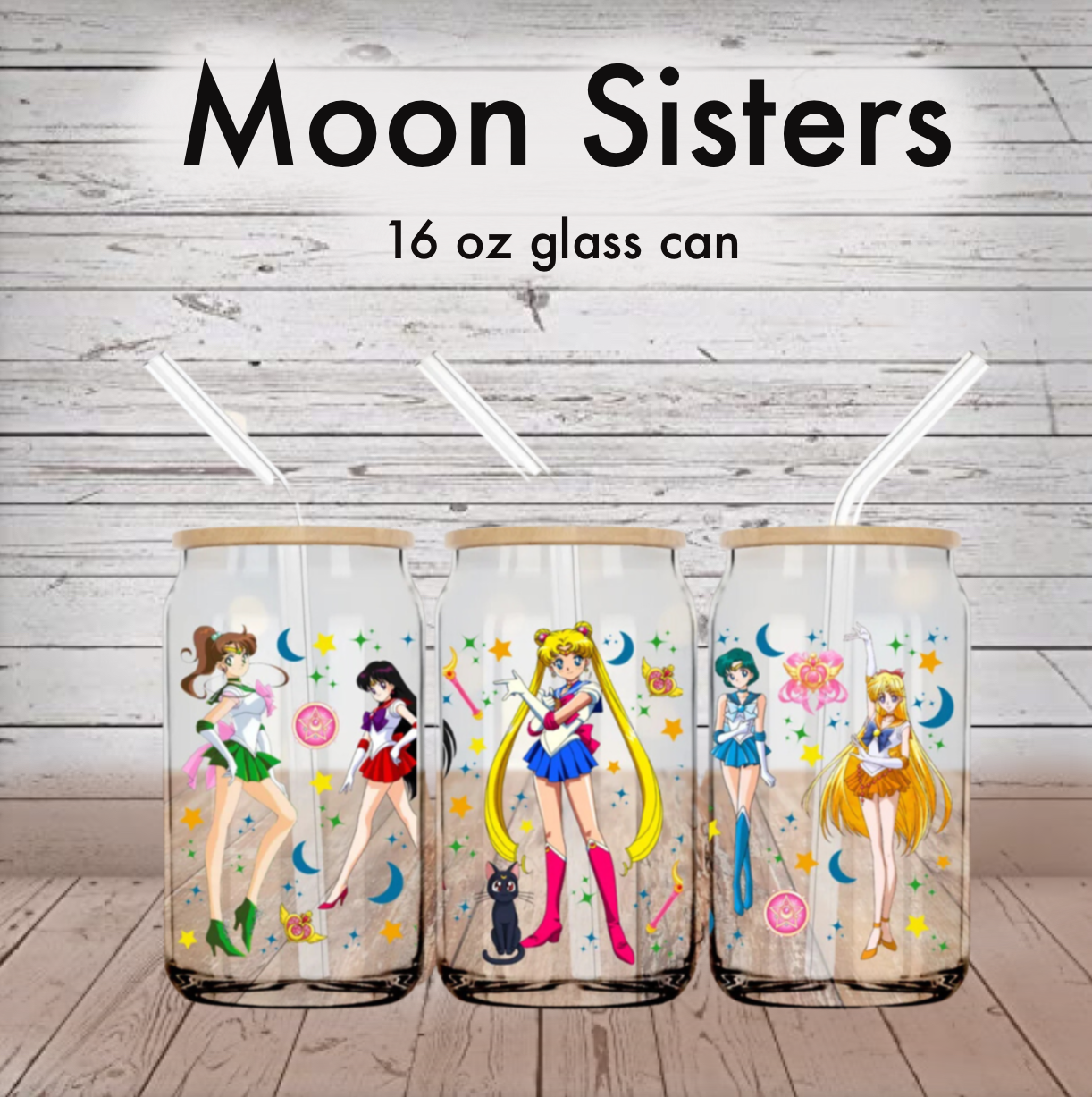 Moon Sisters Glass Can with Bamboo Lid and Straw