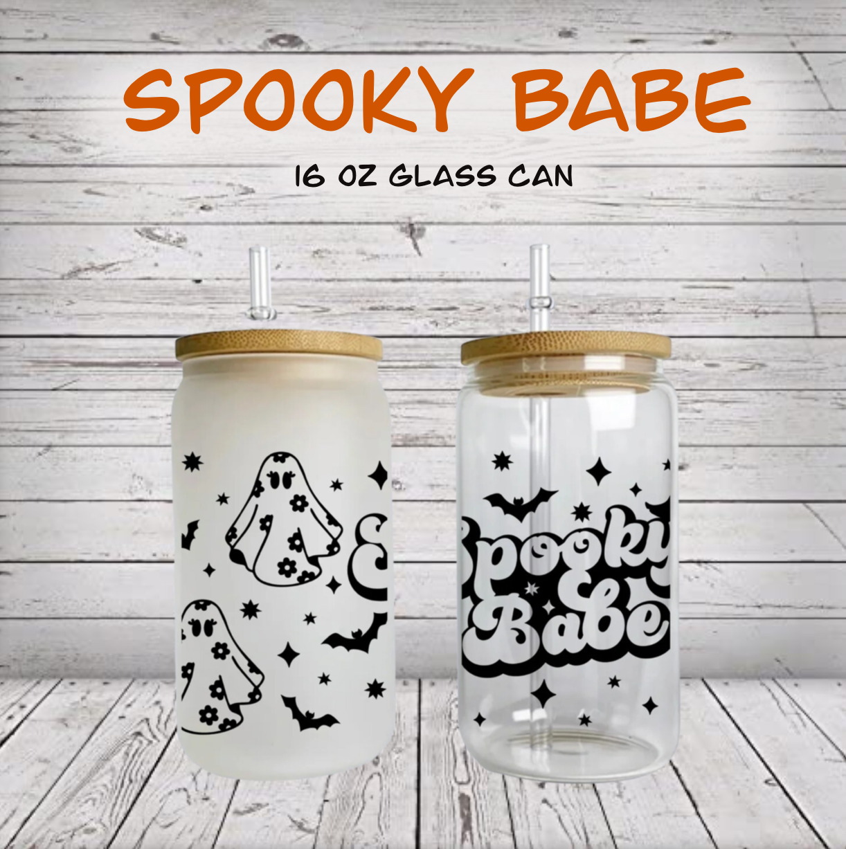 Spooky Babe Glass Can with Bamboo Lid and Straw