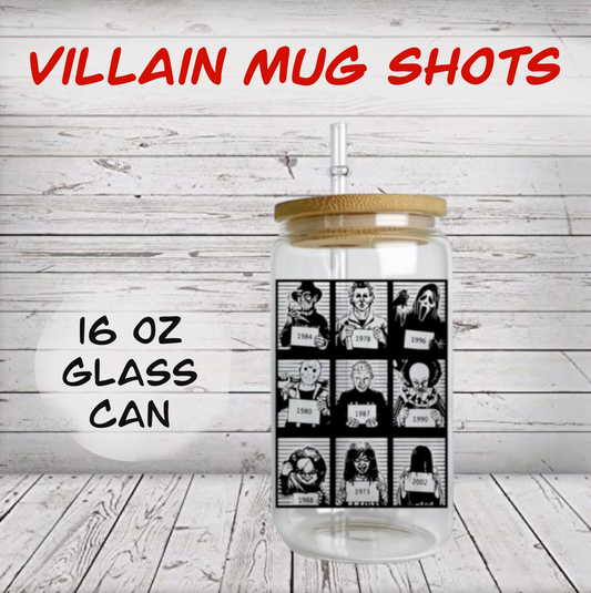 Villain Mug Shots Glass Can with Bamboo Lid and Straw